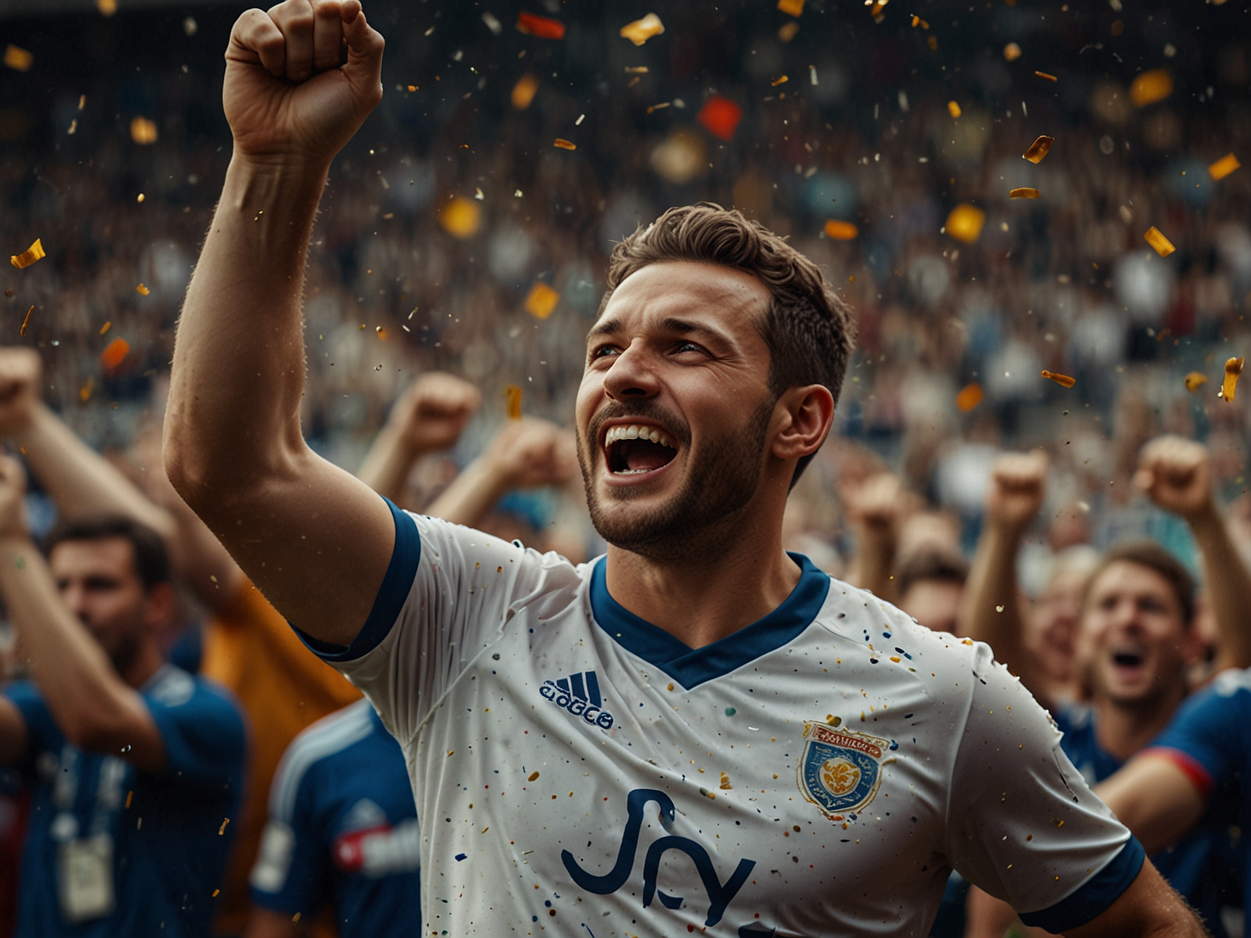 Football player celebrating a goal with cheering crowd